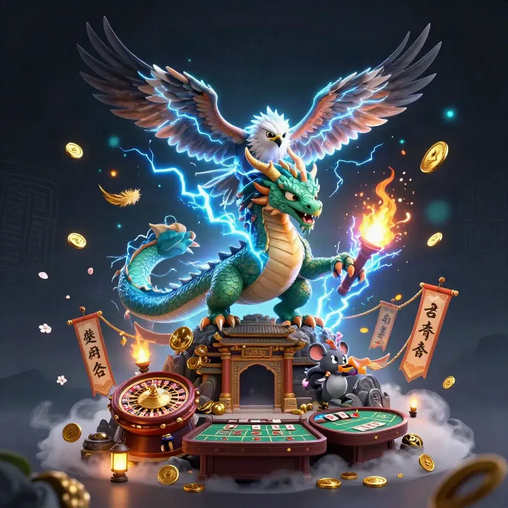 Bliksem-draak, windvogel en thunder-muis tussen goud, tempelpoort en casino-elementen in luxe neon.
