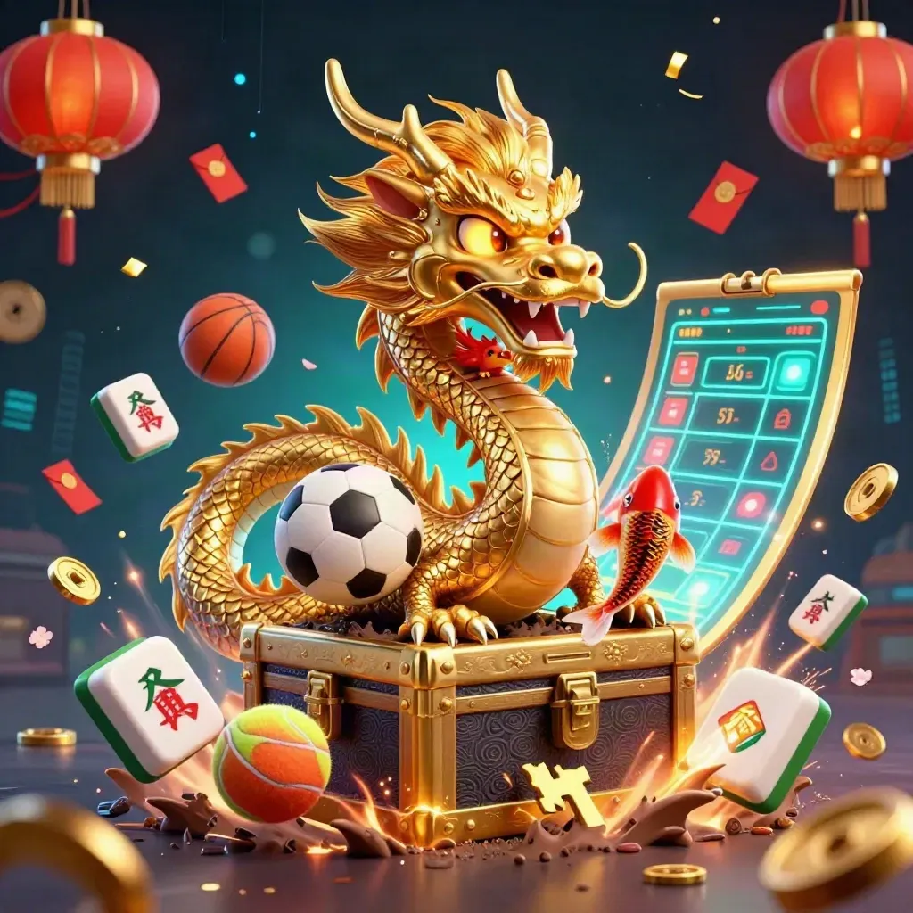Gouden draak met phoenix en koi, omringd door casino-sportobjecten in neon licht.