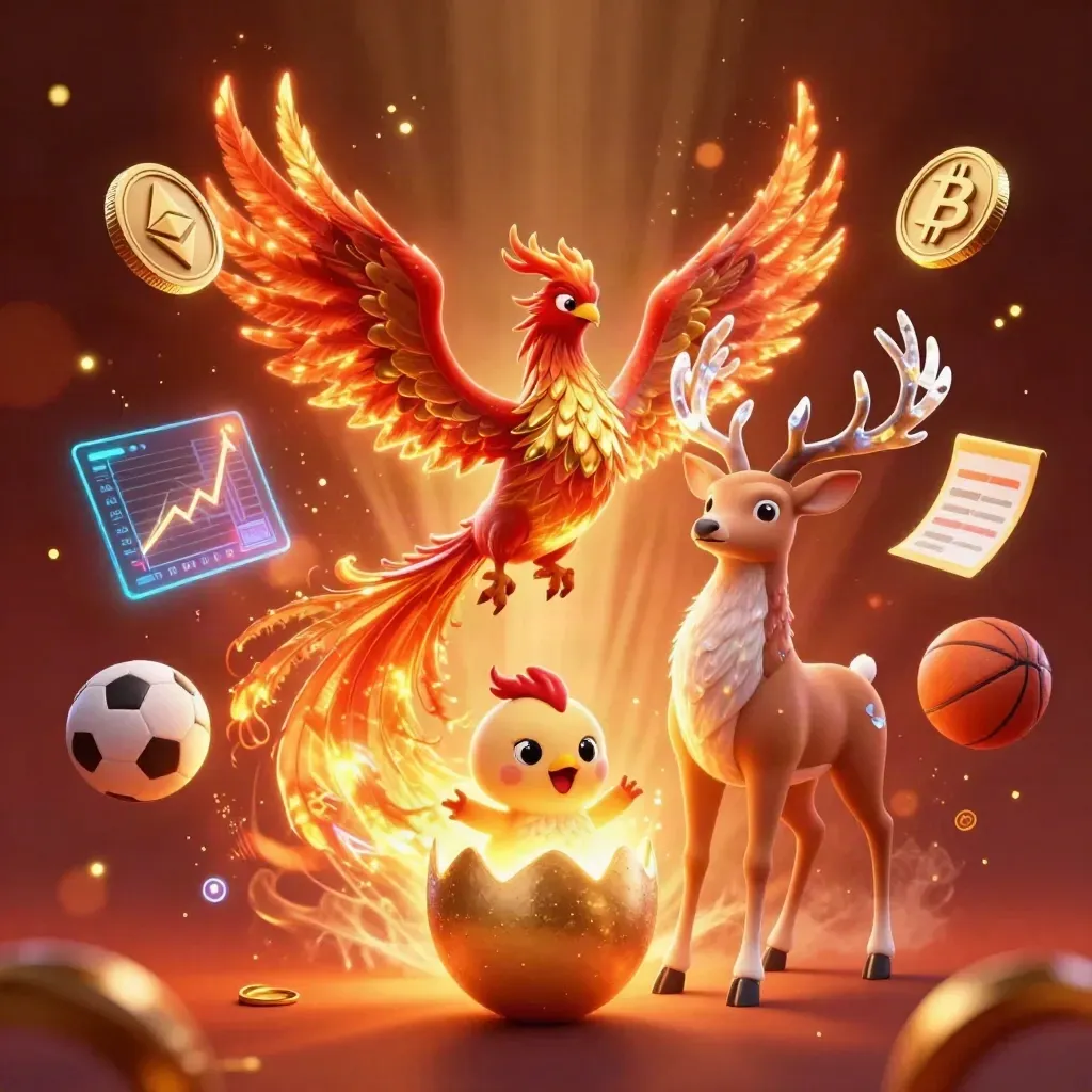 Vuurphoenix, hert en casino-coins in een vurige luxe scène met gouden gloed.