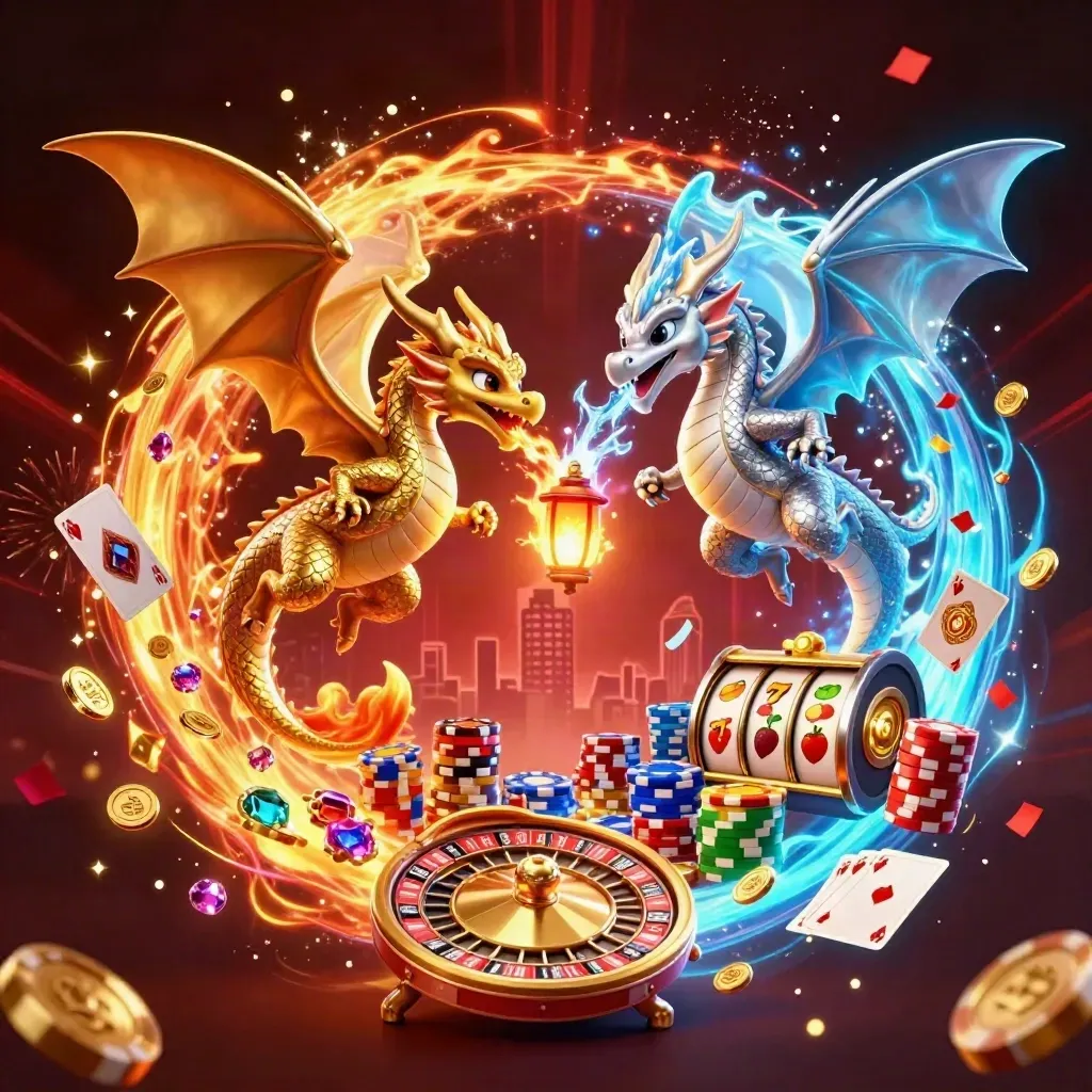 Twee draken, goud en zilver, cirkelen boven munten, kaarten en een roulettewiel in luxe casino-stijl.