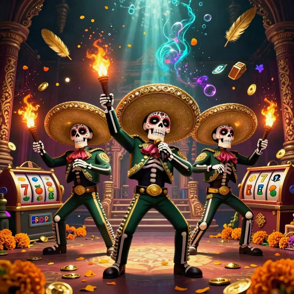 Drie skeletmariachi’s met gouden sombrero’s in een donkere luxecasino-sfeer.