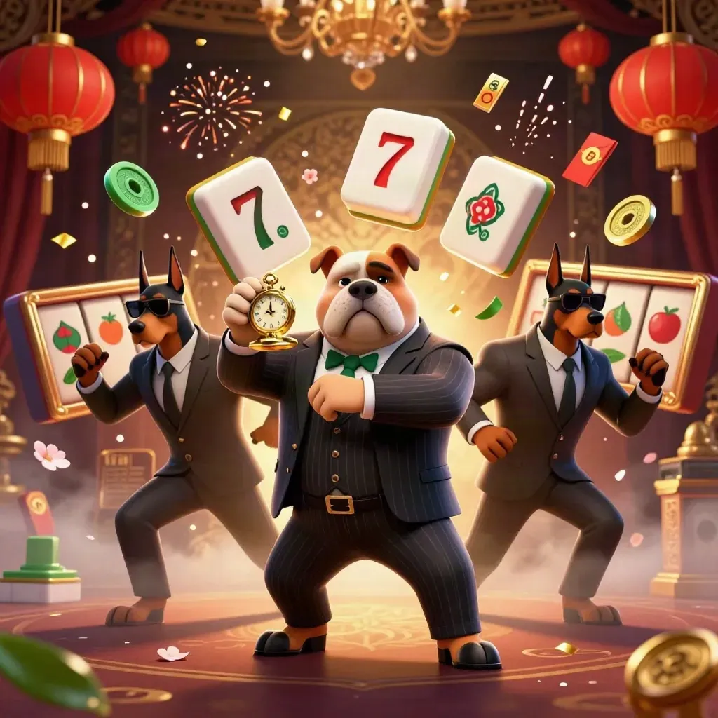 Maffiabulldog met twee dobbermans, omringd door casino-symbolen en gouden vuurwerk.