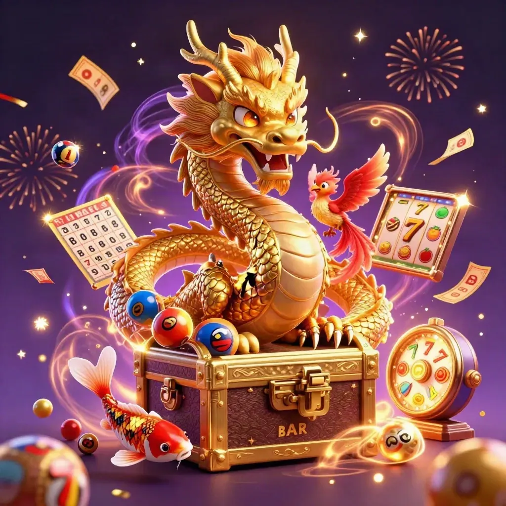 Gouden draak met phoenix en koi, omringd door speelstenen, lichtflitsen en een schatkist.