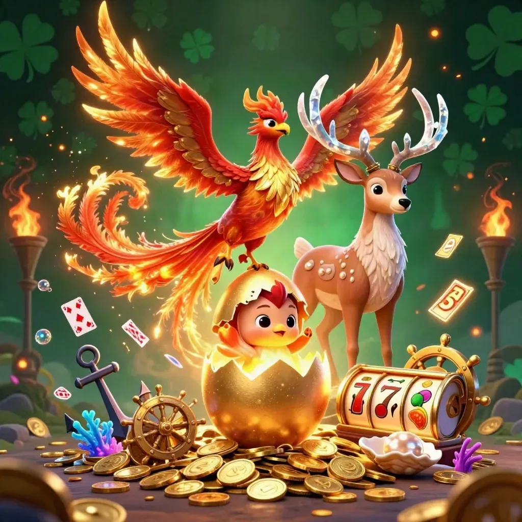 Drie magische casino-wezens met goud, vuur en zeeglim op een donkere emerald achtergrond.